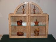 Birds-Eye Maple Display Cabinet by Dave Smith, Miniature Bird Houses by Dick Sing, Small Bowls & Vessels by Ed Szakonyi
